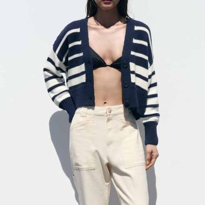 China Hot Sale 2023 Anti-wrinkle Long Sleeves Fashion Brand Design V-Neckline Women Cardigan Sweater Front Button Fastening Striped Knit Sweater Cardigan for sale