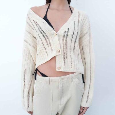 China Anti-wrinkle low price wholesale v-neck long sleeve knit hollow cardigan sweaters women clothes fashion knitted sweater cardigan for sale