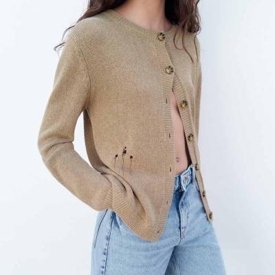 China Wholesale Custom Anti-wrinkle Custom Logo Women&'s Fashion Holes Hollow Out Knitted Sweater Coat Cardigan Tan Round Neck Long Sleeve for sale