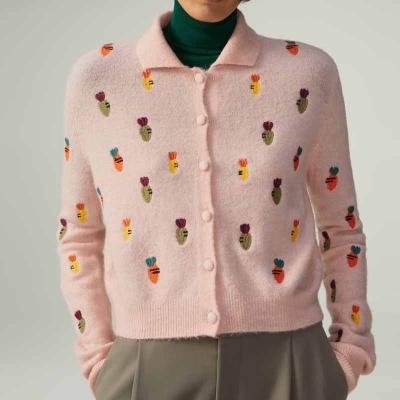 China 2023 New Anti-wrinkle Wool Blend Knitted Women's Cardigan Rose Carrot Embroidery Knitted Coat Sweater for sale