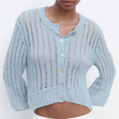 China YUNXUN New Arrivals Women Sweater Blue Cotton Knit Round Neck Long Sleeve Hollow Out Stripe Knitted Sweater Cardigan Women for sale