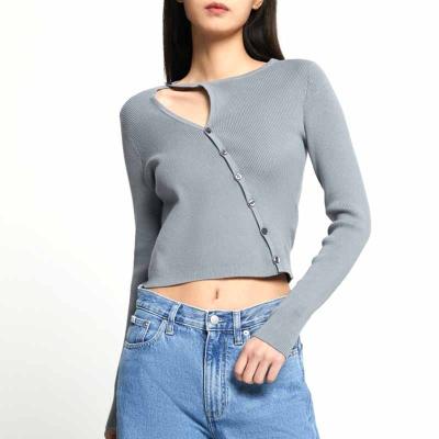 China Spring Custom Design Women's Anti-wrinkle Brand Fashion Leaf Cut Button Oblique Front Slim Fit Knitwear Knit Sweater for sale