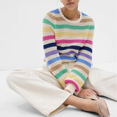 China YUNXUN Anti-wrinkle Designer Fashion Sweater 100% Cotton Knit Crochet Pullover Multi Color Stripe Long Sleeve Crewneck Sweater For Women for sale