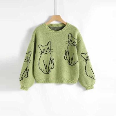 China Custom Brand Design Cat Embroidery Crewneck Long Sleeve Girls Sweater Cotton Anti-wrinkle Knitwear Manufacturer Knit Top Women Sweaters for sale