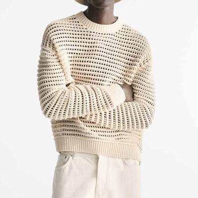 China Designer Anti-Wrinkle Newcomers 2024 Trends Autumn Crew Neck Cotton Knitted Sweater Masculine Men Sweater Hollow Pullover Knitwear for sale