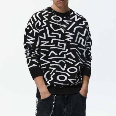 China Custom Design Men's Clothing Custom Design Anti-wrinkle Brand Winter Crew Neck Long Sleeve Cotton Knitted Full Letter Jacquard Pullover Sweater for sale