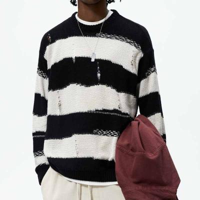 China Agent Factory New Arrivals Anti-Wrinkle Knitwear Brand Sweater Cotton Blend Knit Winter Hollow Out Long Sleeves Ripped Striped Sweater for sale