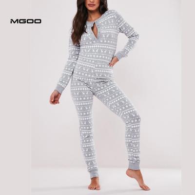 China MGOO QUICK DRY Customized Christmas Onesie Loungewear Gray Long Pajama Set Women Button Up Onesie for sale