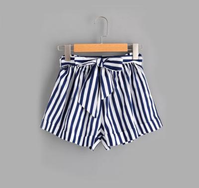 China Wholesale Tie Waist Striped Anti-Wrinkle Self Shorts Pants Navy Pleat Opening Custom Made Beach Shorts For Women for sale