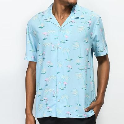 China Anti-pilling Mens Light Blue Short Sleeve Button Up Shirts Custom Flamingo Printed Tops for sale