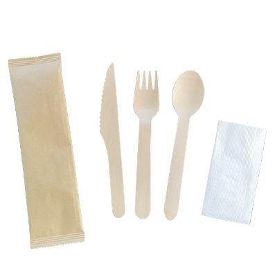 China Professional Fast Food Tableware Stocked Wooden Cutlery Spoon Knife Fork With Paper Bag Cutlery Paper Cutlery Kit Set for sale