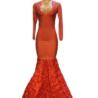 China Sexy Red Rhinestone Stage Dresses Women Dress Birthday Celebrate Women Dress Dancer Train Dress Prom Party Stage Singer for sale