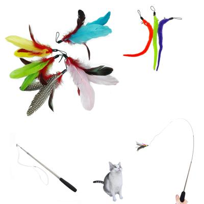 China Stocked 9 Pieces Set Cat Stick Toy Three Sections Fishing Rod Colorful Feather Caterpillar Cat-Teasing Stick for sale