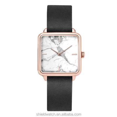 China Day/date ndw quartz watch custom sapphire genuine leather strap glass square watches dial rose gold marble wristwatch for sale