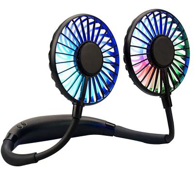 China Funny Hot Selling Gifts Unique Mini USB Electric Rechargeable Portable Neck Hanging Fan With Light for sale