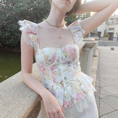 China Summer Breathable Wholesale Sleeveless Blouses Elegant Women Print Floral Top Blouse for sale