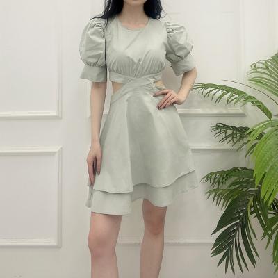 China Factory Wholesale O-neck Sleeve Bow Zipper Summer Cotton Casual Elegant Short Breathable Green Dress Women for sale