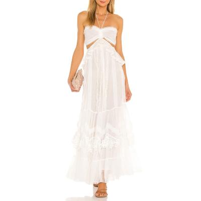 China Breathable White Hollow Out Backless Beach Dress Boho Summer Halter Lace Casual Women for sale