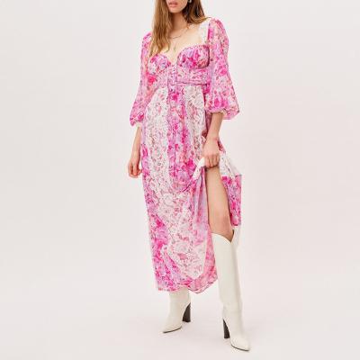 China Custom Breathable Floral Square Long Sleeve Puff Neck Long Sleeve Elegant Summer Casual Dress for sale