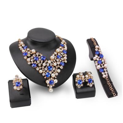 China MJS30022 Ethnic Necklace Fashion Stud Earrings Female Necklace Set Jewelry Bracelet Ring Crystal Rhinestone Pearl Jewelry Set for sale