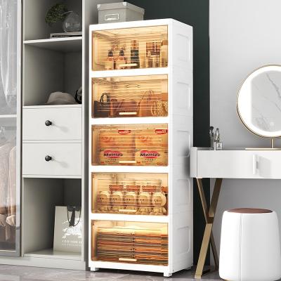 China Modern 50 CM Width Multifunctional Family 2/3/4/5/6 Shelf Organizer Clamshell Cabinet Bedroom Plastic Transparent Storage Cabinet for sale