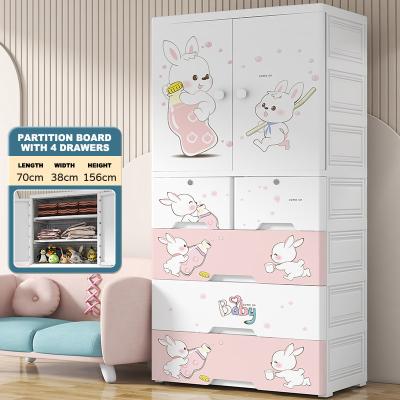 China Modern 5 layers Cartoon print Double Door Baby hanging Wardrobe Lovely bear cartoon printing baby plastic clothes cabinet for sale