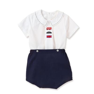 China 2022 Baby Casual Embroidered Cars Clothes Sets Boutique Kids Summer Clothing Spanish Costume White Shirt+Navy Shorts Bloomers for sale