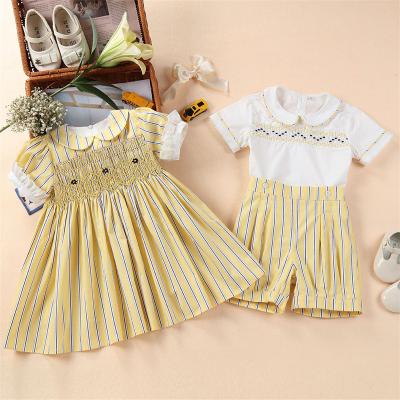 China 2022 Kids Casual Smocked Hand Made Clothes Brother Sister Matching Outfits Girls Smock Dress Boys Shirt Suits Clothing Embroidered for sale