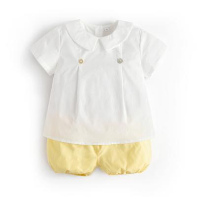 China 2022 Casual Baby Boy Clothes Set Summer Children Boutique Spanish Outfits White Cotton Shirt Peter Pan Collar Yellow Bloomer Pants EID for sale