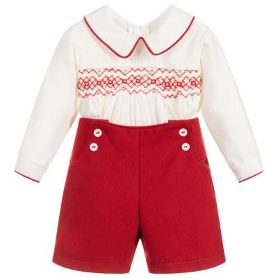 China ENGLAND STYLE Baby Boy Spain Clothing Sets Kids Smocked Clothes Toddler Boutique Smocked Shirt+Short Pants White Red Christmas Clothes for sale