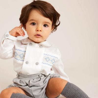 China New Hand Made Casual Smocked Baby Boy Clothes White Toddler Set Smocked Long Sleeve Shirts & Gray Shorts Children Spanish Clothing for sale