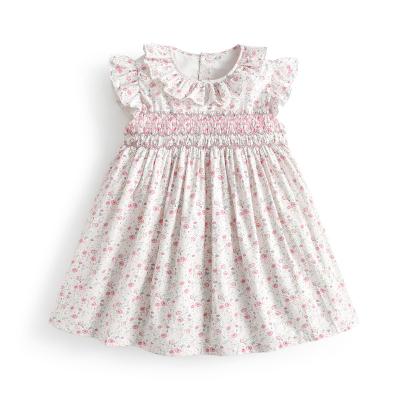 China Anti-wrinkle Kids Smoking Floral Dress For Girls Boutique Kids Hand Made Smocked Cotton Dresses Baby Shirt Dress Ruffle Collar Clothes for sale