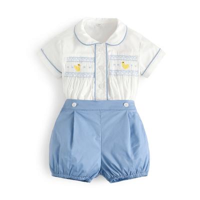 China ENGLAND STYLE Kids Boutique Smocked Baby Boy Clothes Set Handcrafted Outfits Spanish Duck Toddler Smocking Shirt +Smocking Embroidery Shorts for sale