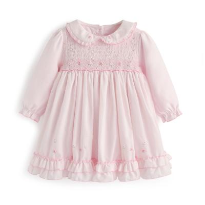 China Breathable Smocked Children's Dress Kids Rose Smocked Flower Boutique Handmade Clothing Girls' Embroidery Flower Pink Dresses Baby Shirt Dress for sale