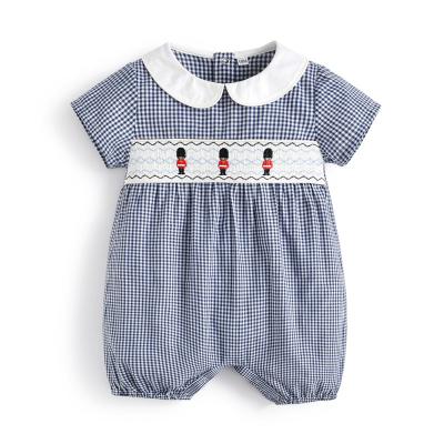 China 100% Cotton Baby Boy Plaid Rompers With Sleeve Toddler Smocked Embroidery Soldier Shorts Bubbles Boutique Shirt Spanish Clothes for sale