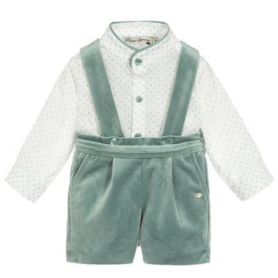 China ENGLAND STYLE Baby Boy Boutique Clothes Sets Kids Spanish Style White Cotton Shirt And Green Velvet Strappy Trousers for sale