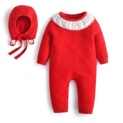 China Anti-pilling Baby One Piece Sweaters Newborn Red Knitted Rompers With Hats Cover Infant Knitwear Cotton Knit Jumpsuit In Stock for sale