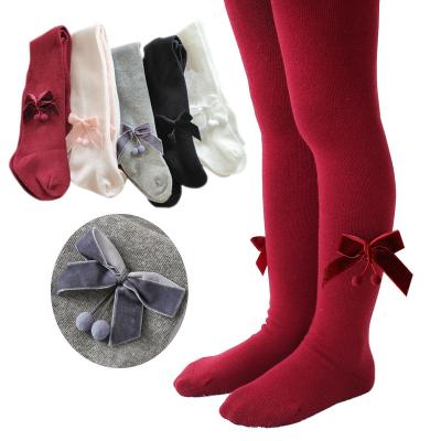 China Baby Girls Cotton Antibacterial Pantyhose with Newborn Infant Solid Leg Warmers Long Velvet Bows Baby Foot Seamless Pantyhose Dress Socks for sale