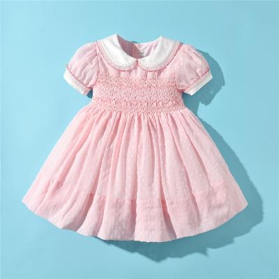 China Breathable Customized Hand Made Kids Organza Smocked Dresses For Baby Girls UK Boutique Smocked Pink Ball Dresses Toddler Shirt Clothes for sale