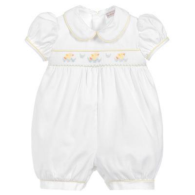 China Newborn 100% Cotton Baby Hand Smocked White Rompers Newborn Boys Girls Smock Bubble Short Sleeve Toddler Summer Short Sleeve Overalls Boutique Outfit for sale