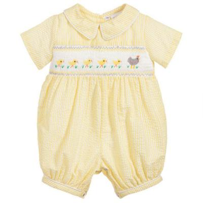 China Hand Made 100% Cotton Customized Baby Boy Smocked Bubbles Yellow Toddler Smocked Plaid Cotton Rompers With Embroidered Duck 0-3Y Clothes for sale