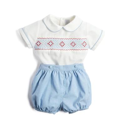 China Baby Boy Casual Peter Pan Collar Hand Made Smocking Clothes Set Kids White Cotton Smocked Shirt+Blue Summer Shorts Spanish Clothing for sale