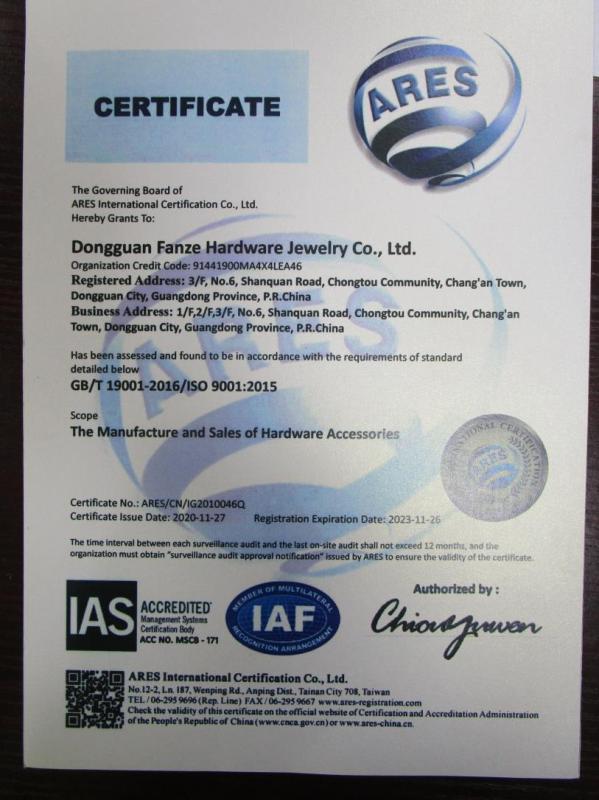 ISO9001 - Dongguan Fanze Metal Jewelry Co., Ltd.