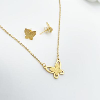 China TRENDY Fashion Waterproof Gold Plated Stainless Steel Butterfly Necklace Earrings Pendant Jewelry Set For Women for sale