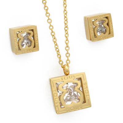 China Gold TRENDY Bear Stainless Steel Fashion Necklace and Earring Gemstone Jewelry Cubic Zirconia Pendant Jewelry Set for sale