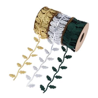 China New Recyled Christmas Fruit Leaf Ribbon Gift Wrapping Christmas Tree Decoration Leaf Ribbon Craft Party Red Webbing 40mm 10 Meters for sale