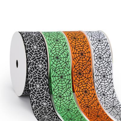 China Factory Direct Wholesale DIY Ribbed Ribbon Gift Box Printing Spider Web Recyled Spider Web Handmade Halloween Ribbon Packing for sale