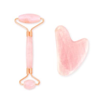 China Natural Anti-Puffiness 100% Jade Anti Aging Pink Rose Quartz Gua Sha Massage Set Jade Roller With Box for sale