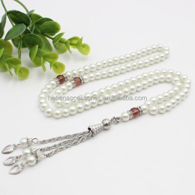 China Religious Wholesale Iron Zinc Alloy Pendant Cheap Wholesale Quality Price Jewelry Muslim Round Glass Bead 99 Bead Necklace 6.5MM White Islam Rosary for sale