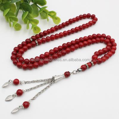 China China Religious Cheap Muslim Charm Red Acrylic Glass Rosary In Silver Plated Islamic Tasbih Necklace 99 Beads Tassel Jewelry for sale